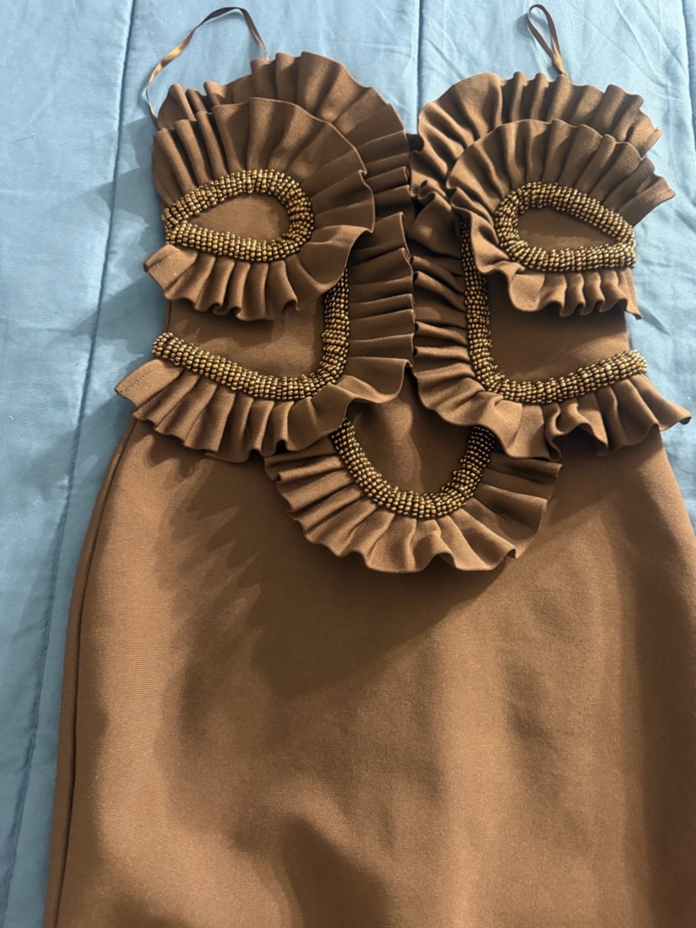 Brown Ruffle Beaded Spaghetti Strap Dress